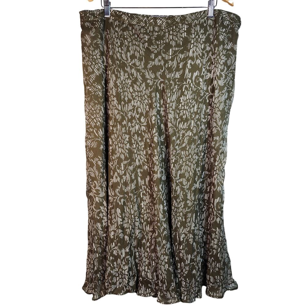 Kate Hill Olive and Cream Floral Print Silk Midi Skirt Size 18W